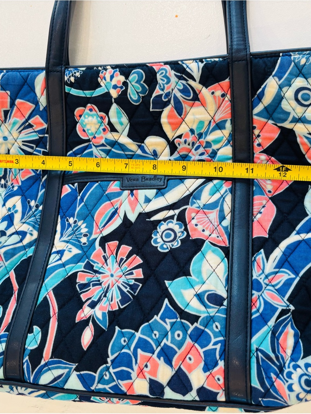 Vera Bradley Lotus Flowers Tote in Navy, Aqua and Coral size H 10 W 15 - Picture 7 of 9